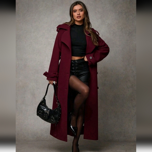 Double Breasted Lace Up Outerwear Vintage Burgundy Lapel Women's - Picture 6 of 10